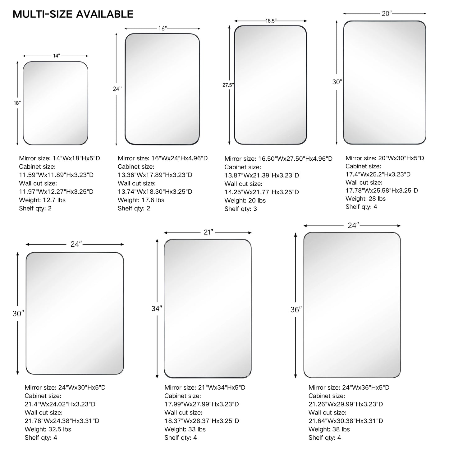 TEHOME Black Rectangle Recessed Bathroom Medicine Cabinet with Mirror Stainless Steel Metal Framed Rounded Rectangular Bathroom Cabinet with Mirror 16x24''