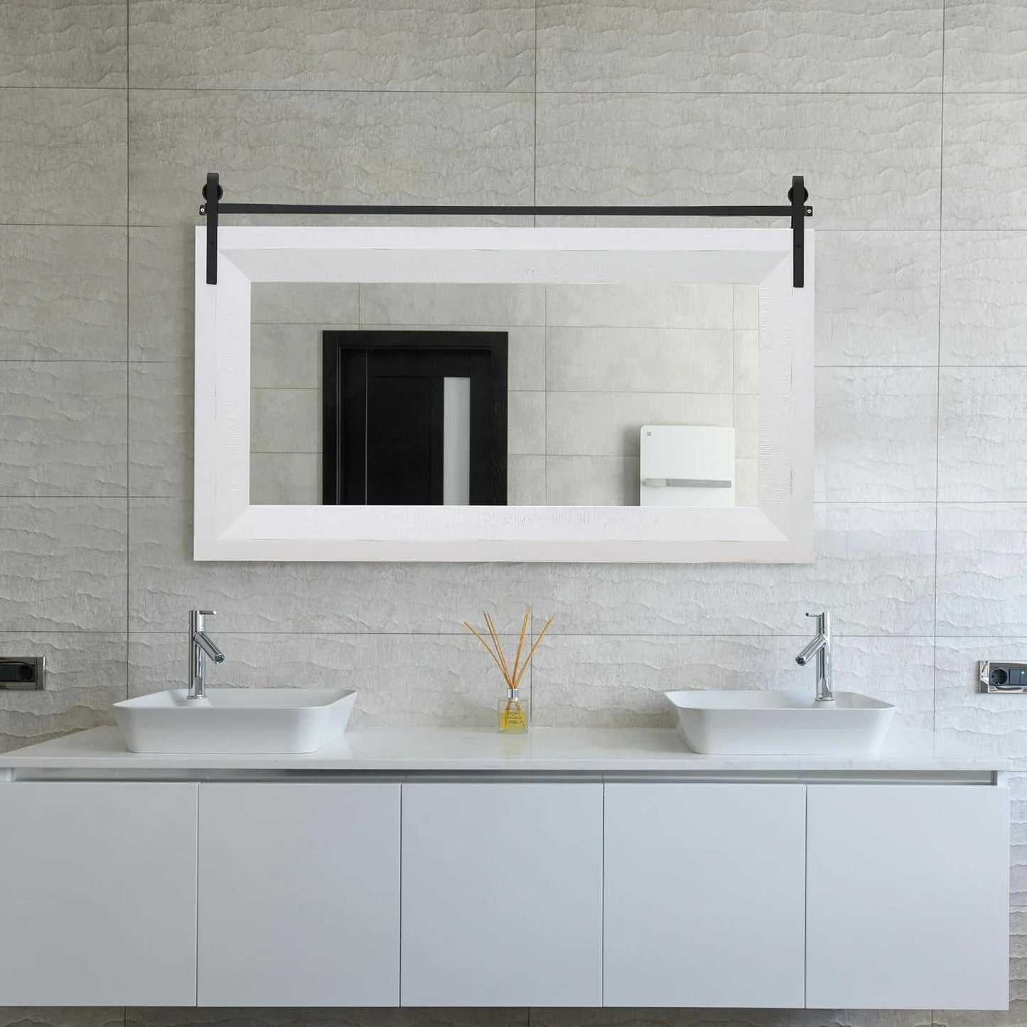 ALBAD Farmhouse Wood Framed Wall Mirror, Natural Wood and Framed Wall Mounted Bathroom Vanity Mirror for Farmhouse Decor, Vertical or Horizontal Hanging