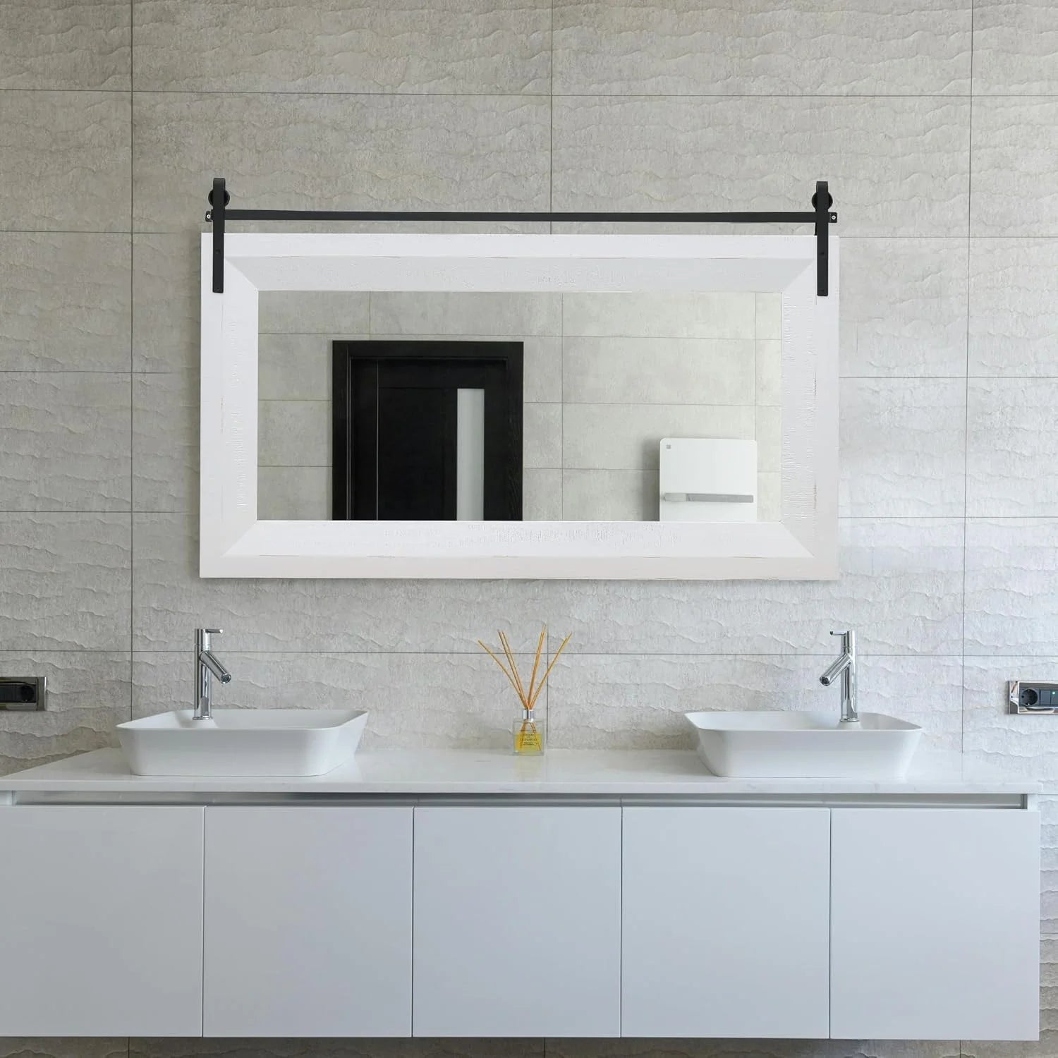 ALBAD Farmhouse Wood Framed Wall Mirror, Natural Wood and Framed Wall Mounted Bathroom Vanity Mirror for Farmhouse Decor, Vertical or Horizontal Hanging