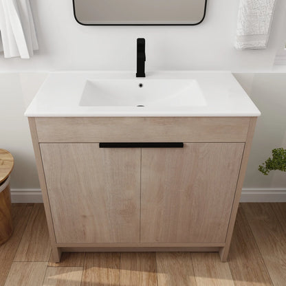 36 Inch Bathroom Vanity with White Ceramic Sink Combo, Large Storage Modern Freestanding Small Single Bath Vanity for Bathroom, Plain Light Oak
