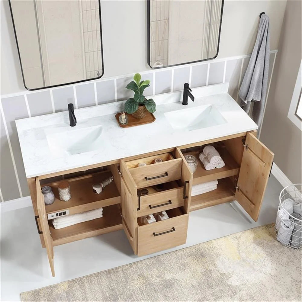Vinnova San 72" Double Sink Wood Bath Vanity with Grain Stone in Brown/White