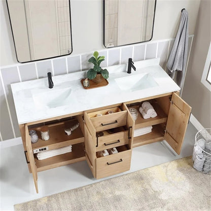 Vinnova San 72" Double Sink Wood Bath Vanity with Grain Stone in Brown/White