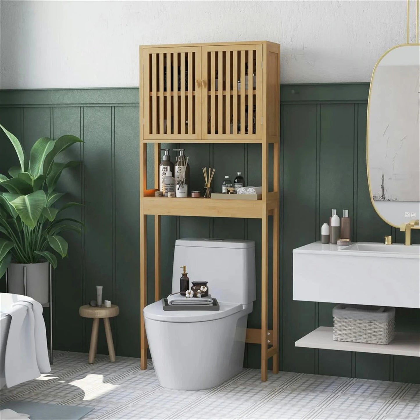 Finihen 67" Bamboo Over The Toilet Storage Cabinet with Adjustable Shelves, Bathroom Shelf Over Toilet Rack, Bathroom Storage Cabinet Organizer, Brown