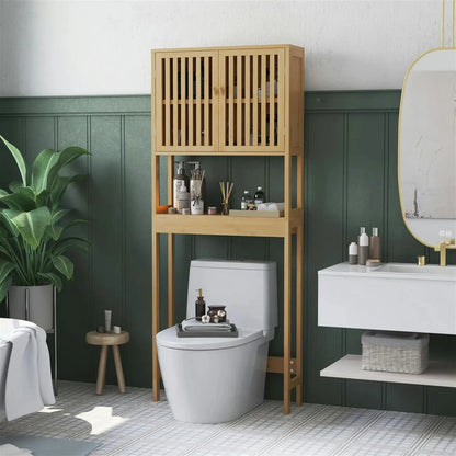 Finihen 67" Bamboo Over The Toilet Storage Cabinet with Adjustable Shelves, Bathroom Shelf Over Toilet Rack, Bathroom Storage Cabinet Organizer, Brown