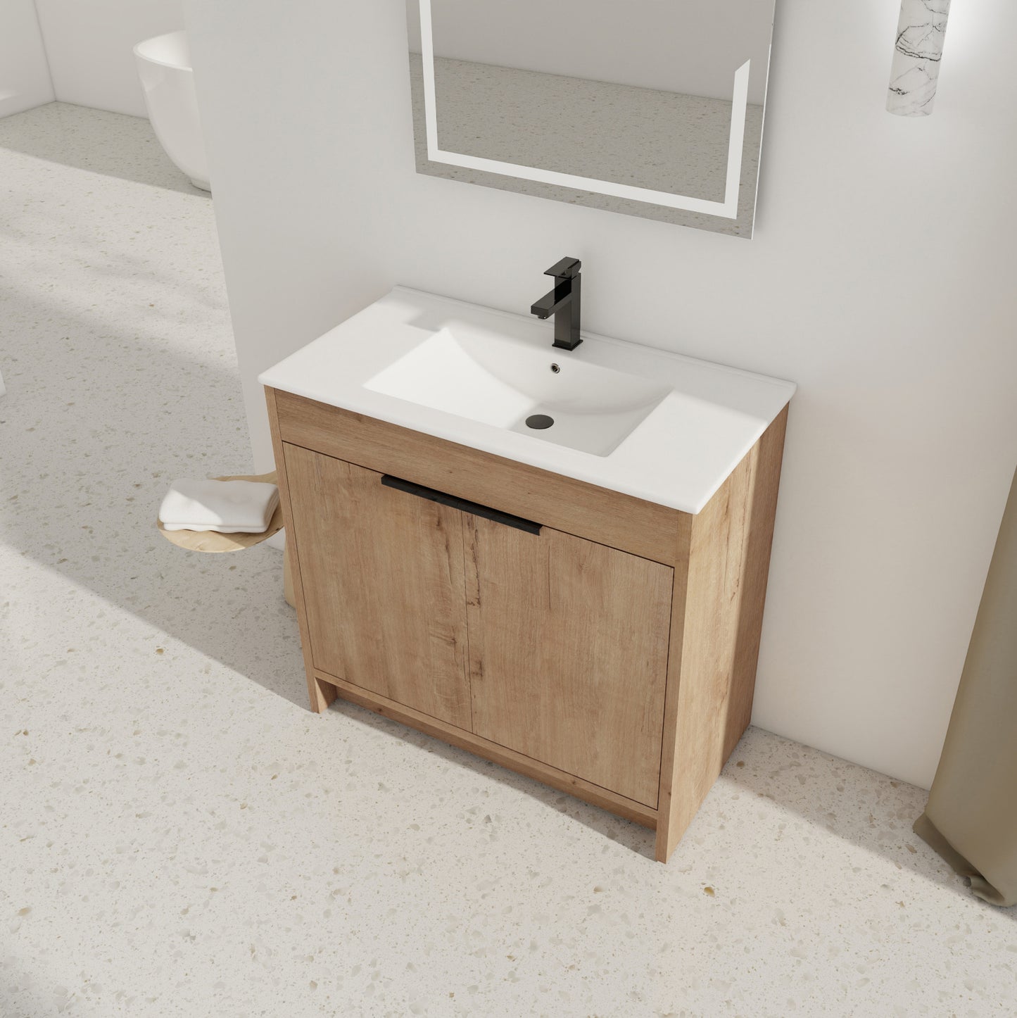 36 Inch Bathroom Vanity with White Ceramic Sink Combo, Large Storage Modern Freestanding Small Single Bath Vanity for Bathroom, Plain Light Oak