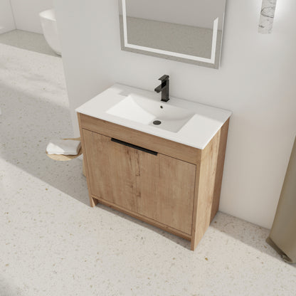 36 Inch Bathroom Vanity with White Ceramic Sink Combo, Large Storage Modern Freestanding Small Single Bath Vanity for Bathroom, Plain Light Oak
