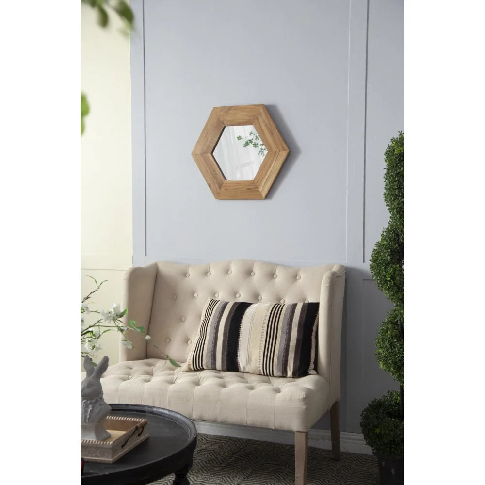 Tcbosik Decorative 18.5" Hexagon Hanging Wall Mirror with Natural Wood Frame and Attached Hanging Bracket, Rustic Farmhouse Decor for the Living Room, Bathroom, Bedroom, and Entryway