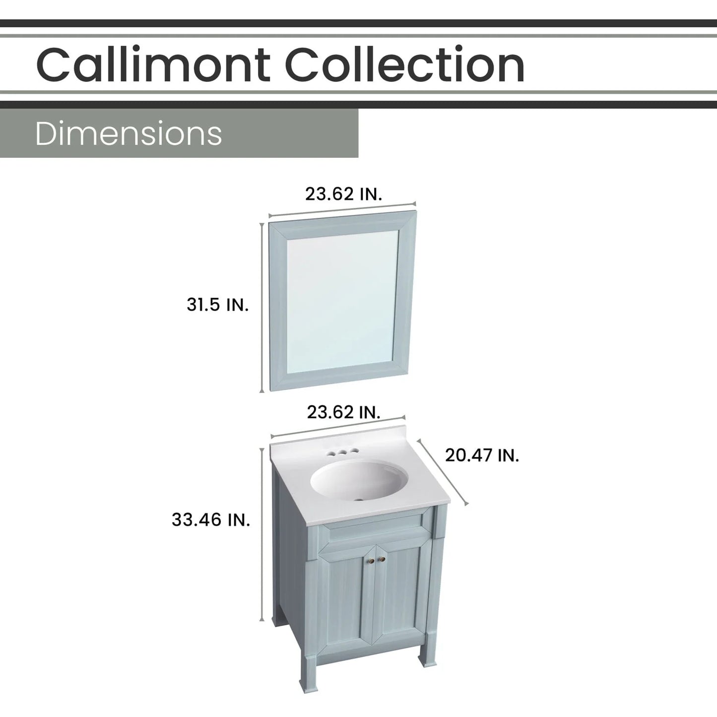 Hanover Callimont 24'' Vanity Cabinet with Sink Combo for Bathroom, Powder Room | Pre-Assembled Cabinet | Accent Mirror | Artificial Stone Countertop | Blue Cabinet | HANVN0106-24-0BL