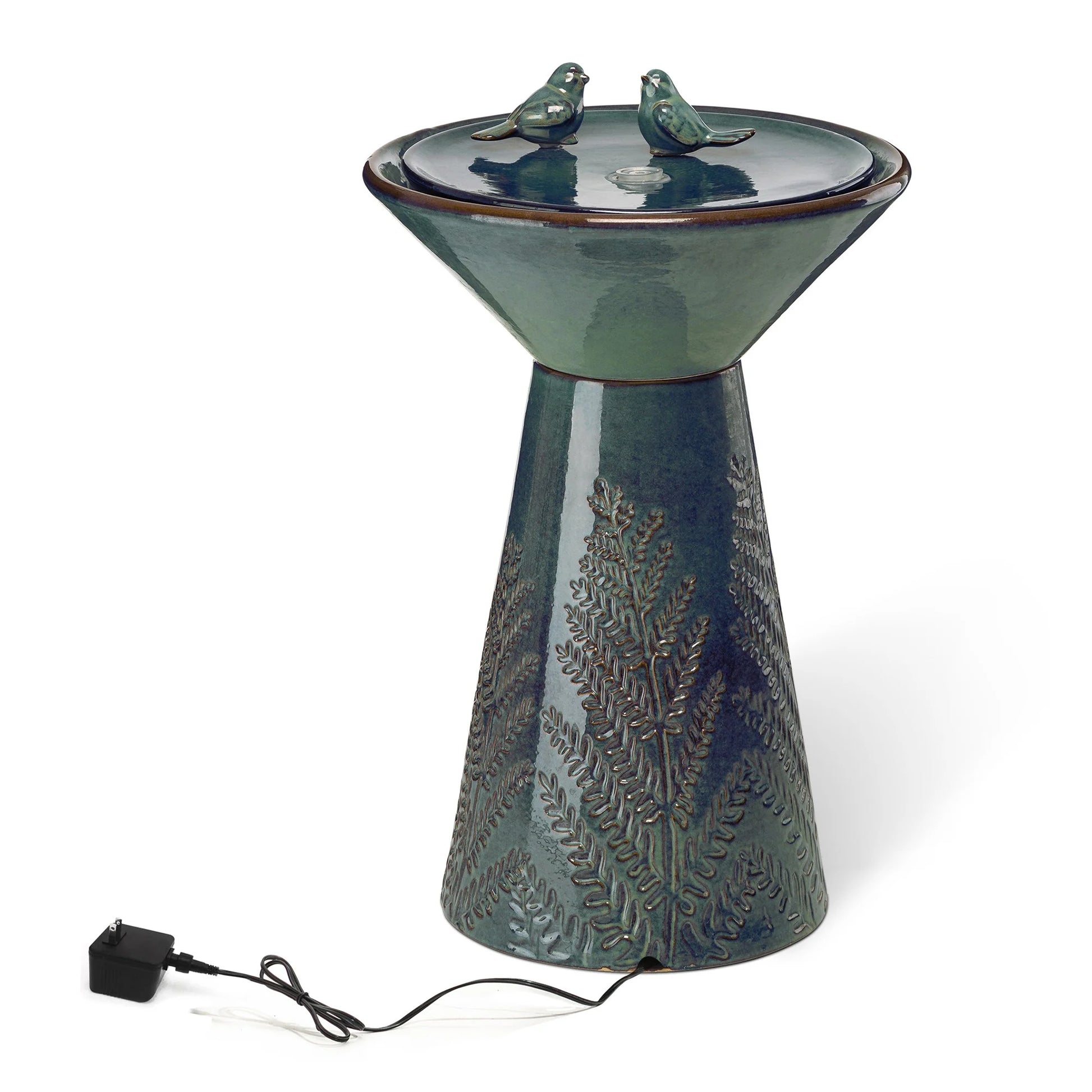 Glitzhome 27.5" Fountain with Pump and LED Light Embossed Pedestal Ceramic Bird Bath, Turquoise