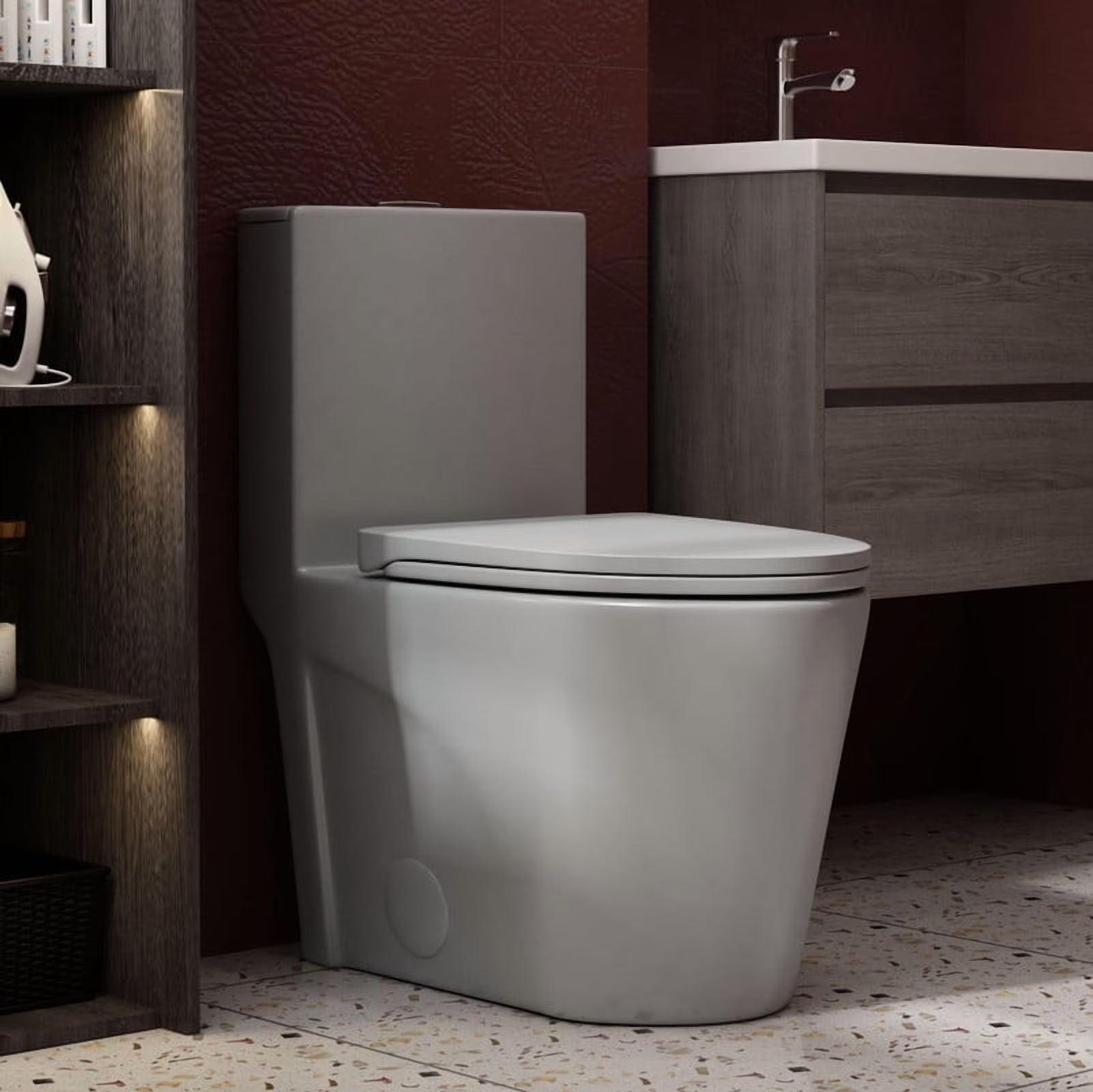 Albriya A1854 One Piece Toilet, Modern Elongated Toilet Power Dual Flush 1.1/1.6 GPF with Comfortable Chair Seat ADA Height 16 1/4’�?for Bathroom, 12’�?Rough-In, MaP 1000g, Grey