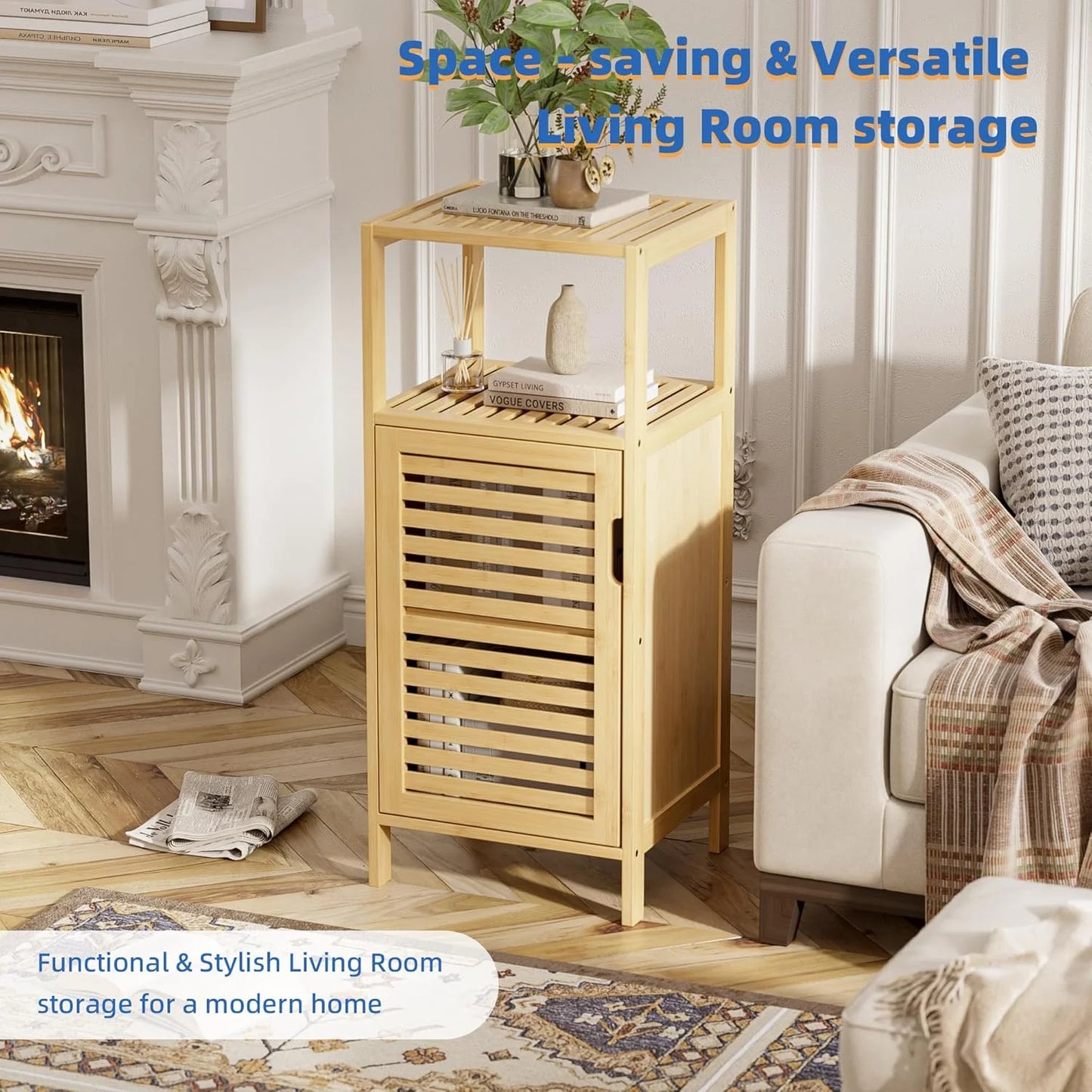 Bathroom Cabinet, Bamboo Floor Cabinet Free Standing, 4 Tier Sofa Side Storage Cupboard for Living Room Kitchen Bedroom