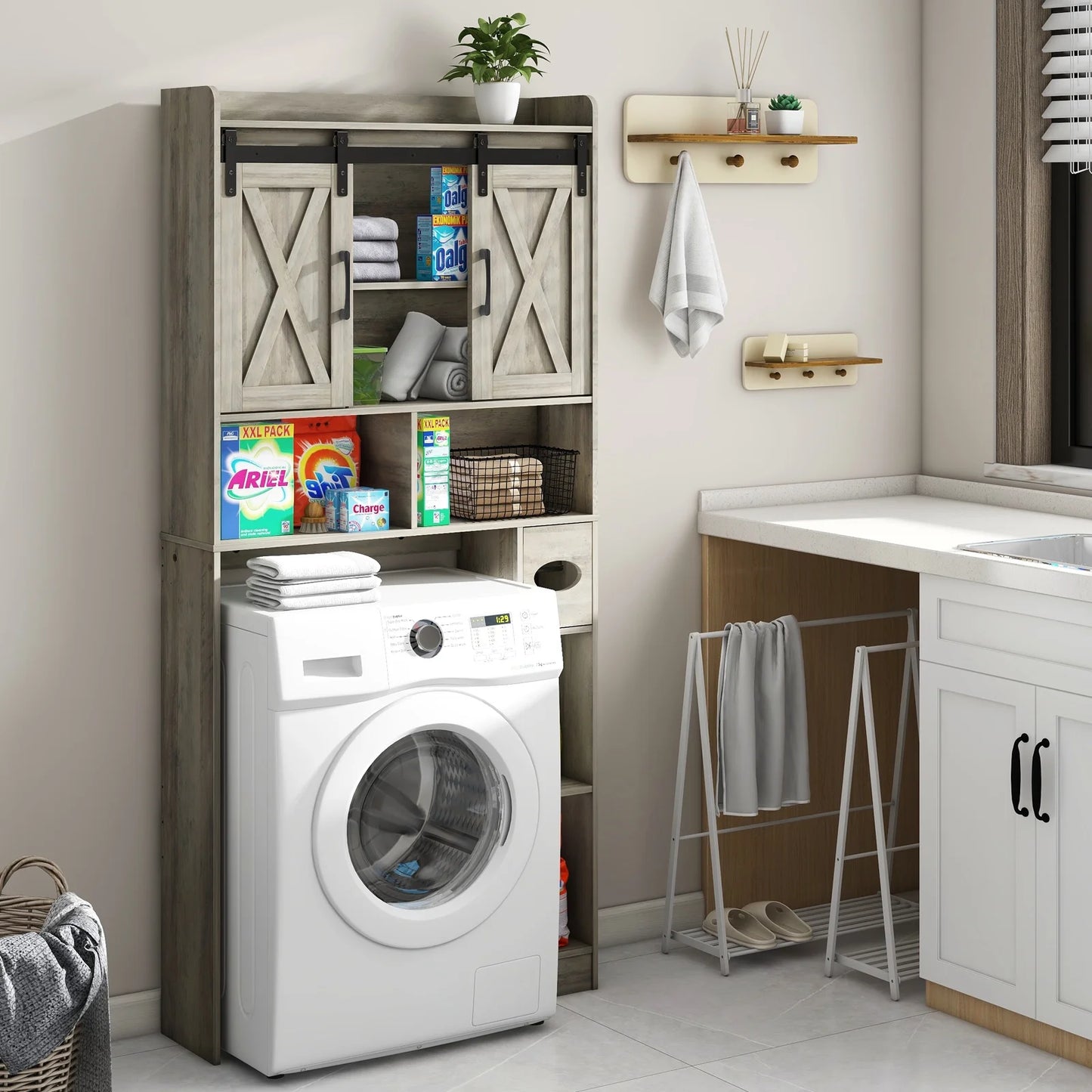 Over The Toilet Storage Cabinet, Farmhouse Storage Cabinet Over Toilet with Sliding Doors��Home Space-Saving Toilet Rack, for Bathroom, Restroom, Laundry