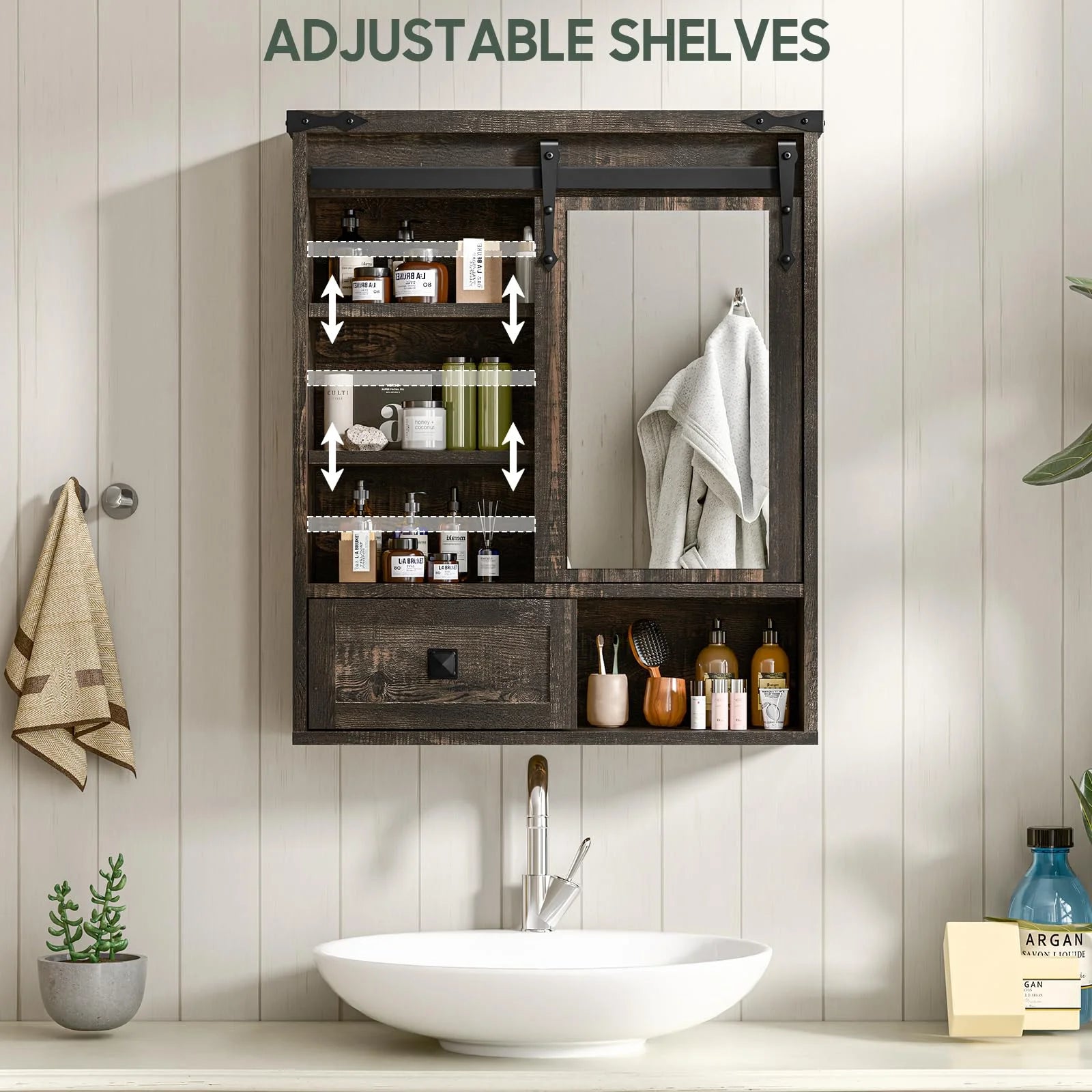Vabches Farmhouse Bathroom Wall Storage Cabinet with Sliding Mirror Door, Adjustable Shelves, Over The Toilet Storage, Dark Rustic Oak