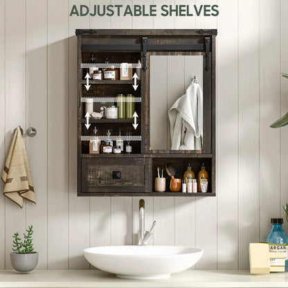 Vabches Farmhouse Bathroom Wall Storage Cabinet with Sliding Mirror Door, Adjustable Shelves, Over The Toilet Storage, Dark Rustic Oak
