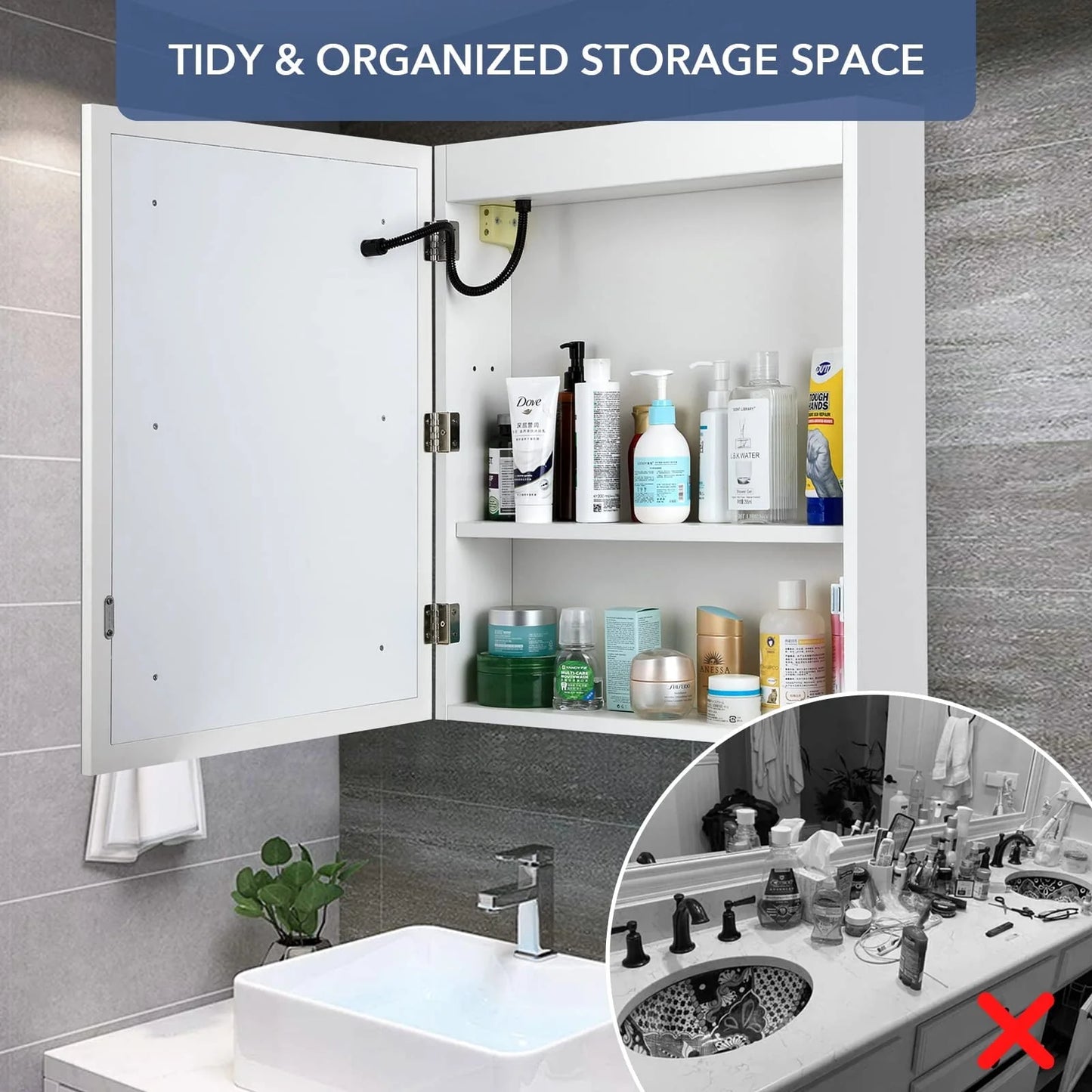 RichYa Bathroom Cabinet Wall Mounted Mirror Medicine Cabinet with LED Lights Adjustable Shelf, Defogger, Memory 3-Color Mode, Dimmer, Anti-Fog