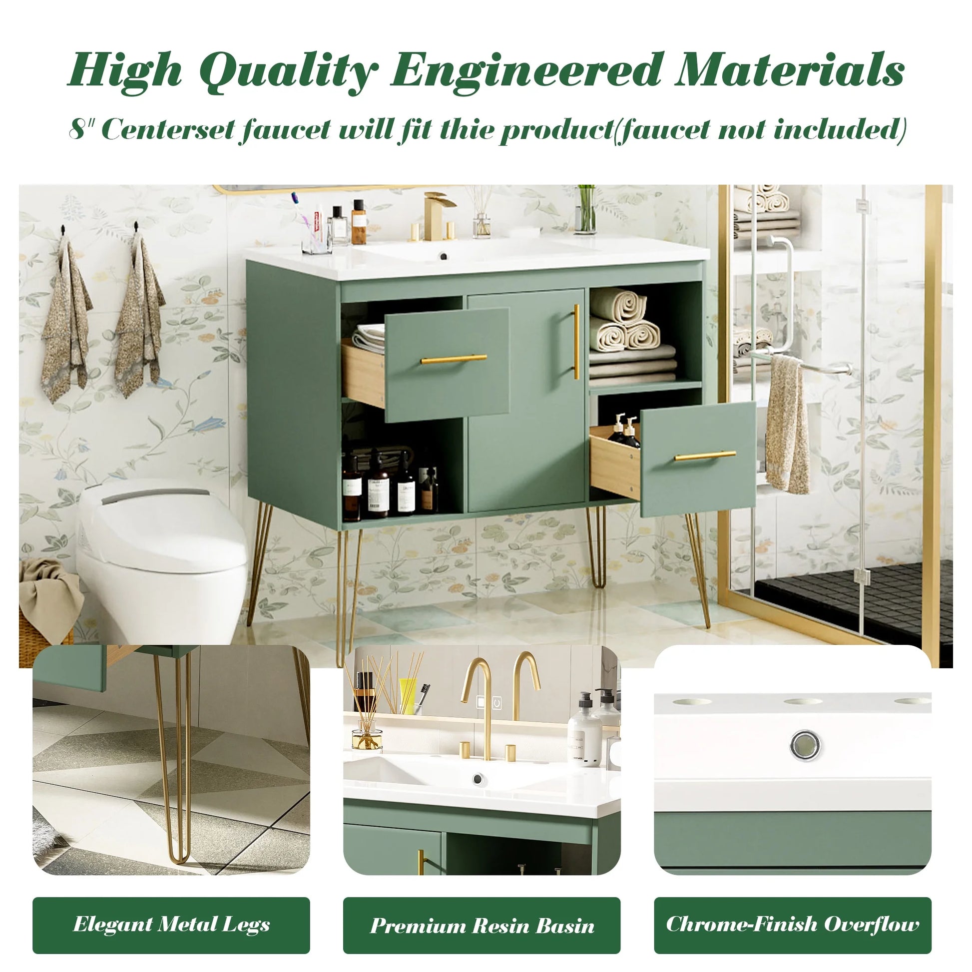 Euroco 36'' Bathroom Vanity with Resin Sink Combo Set, Modern Freestanding Single Bathroom Cabinet with 2 Drawers & 2 Storage Compartments, Storage Cabinet for Bathroom, Solid Wood Frame Vanity Set
