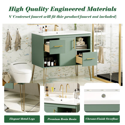 Euroco 36'' Bathroom Vanity with Resin Sink Combo Set, Modern Freestanding Single Bathroom Cabinet with 2 Drawers & 2 Storage Compartments, Storage Cabinet for Bathroom, Solid Wood Frame Vanity Set
