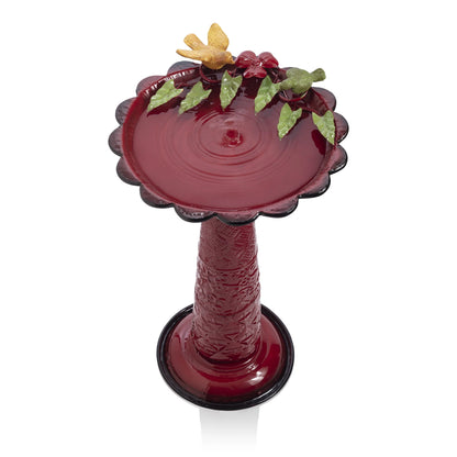 Alpine Corporation 28-Inch Metal Bird Bath with Birds and Leaves, Red