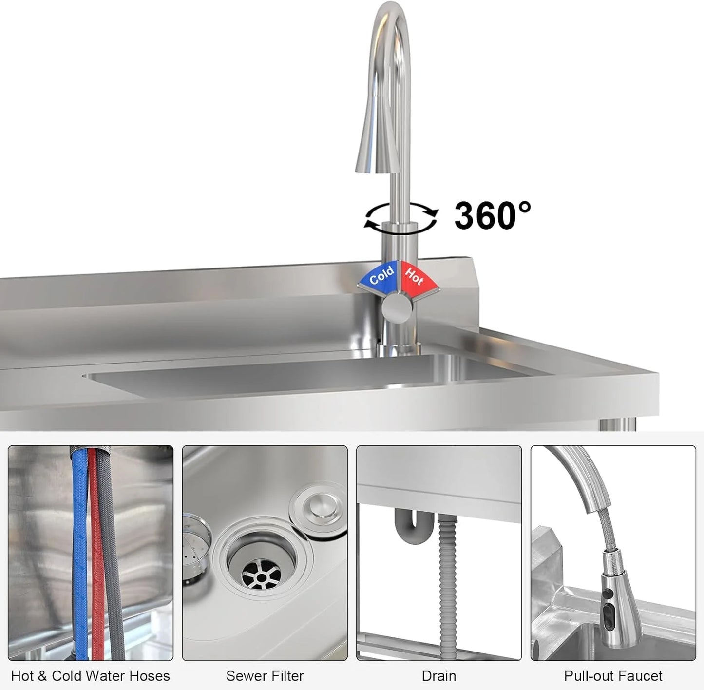TROPOW 24x20x42 Inch Stainless Steel Utility Sink, Freestanding Single Bowl with Cold and Hot Water Pipe and Faucet, Commercial Sink Kitchen Sink for Restaurant Laundry Room Bathroom Garage Garden