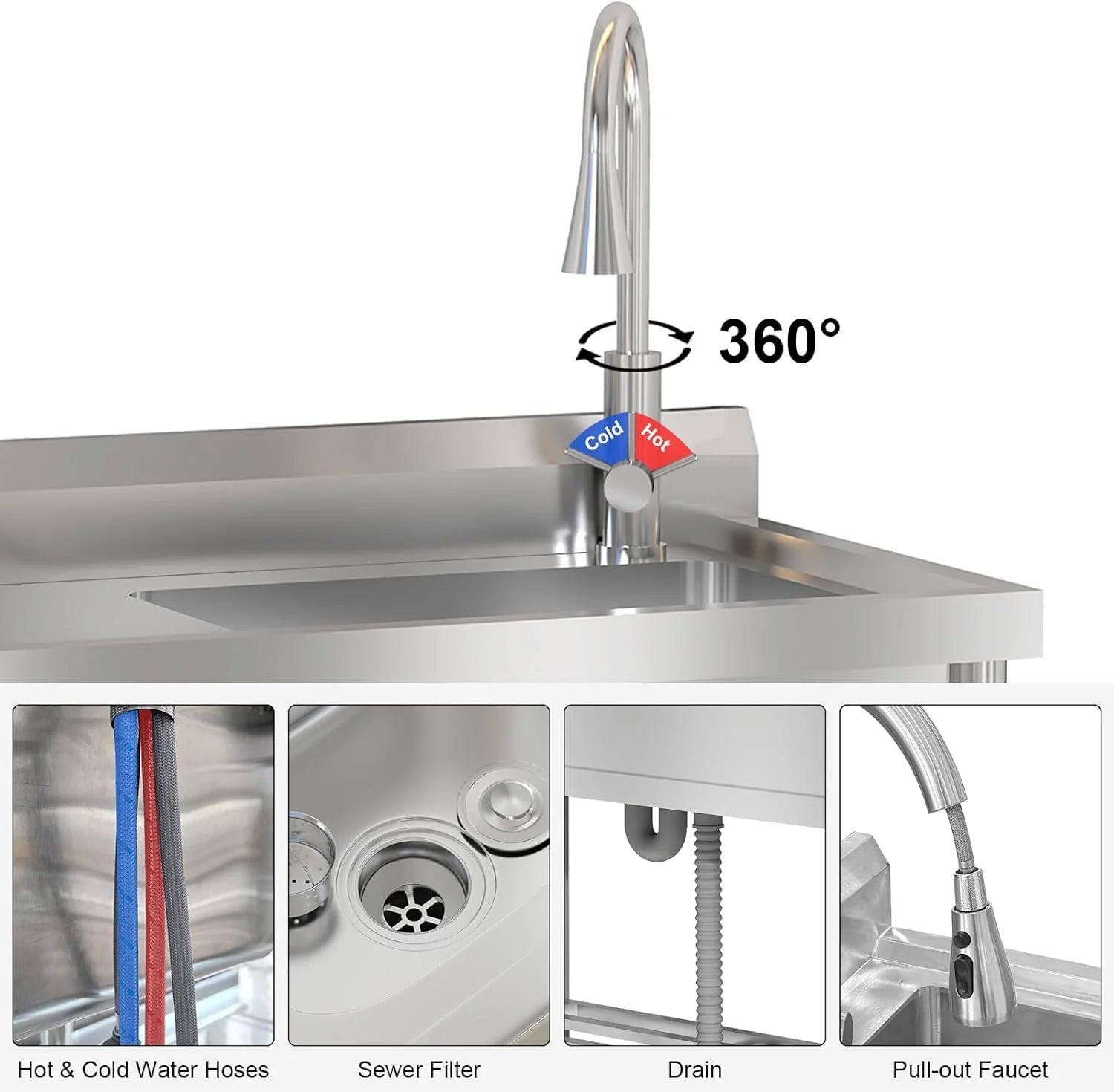 TROPOW 24x20x42 Inch Stainless Steel Utility Sink, Freestanding Single Bowl with Cold and Hot Water Pipe and Faucet, Commercial Sink Kitchen Sink for Restaurant Laundry Room Bathroom Garage Garden