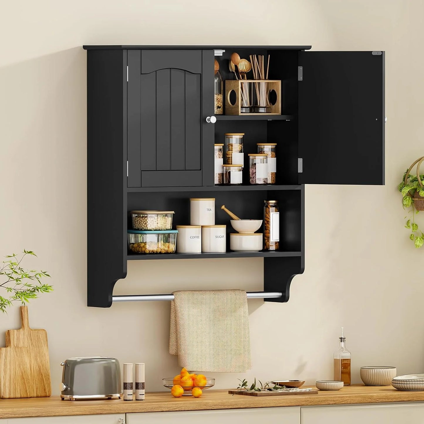 Bathroom Wall Cabinet with Adjustable Shelf & Doors, Over The Toilet Storage Cabinet, Medicine Cabinet for Bathroom, Laundry Room, Kitchen, Black