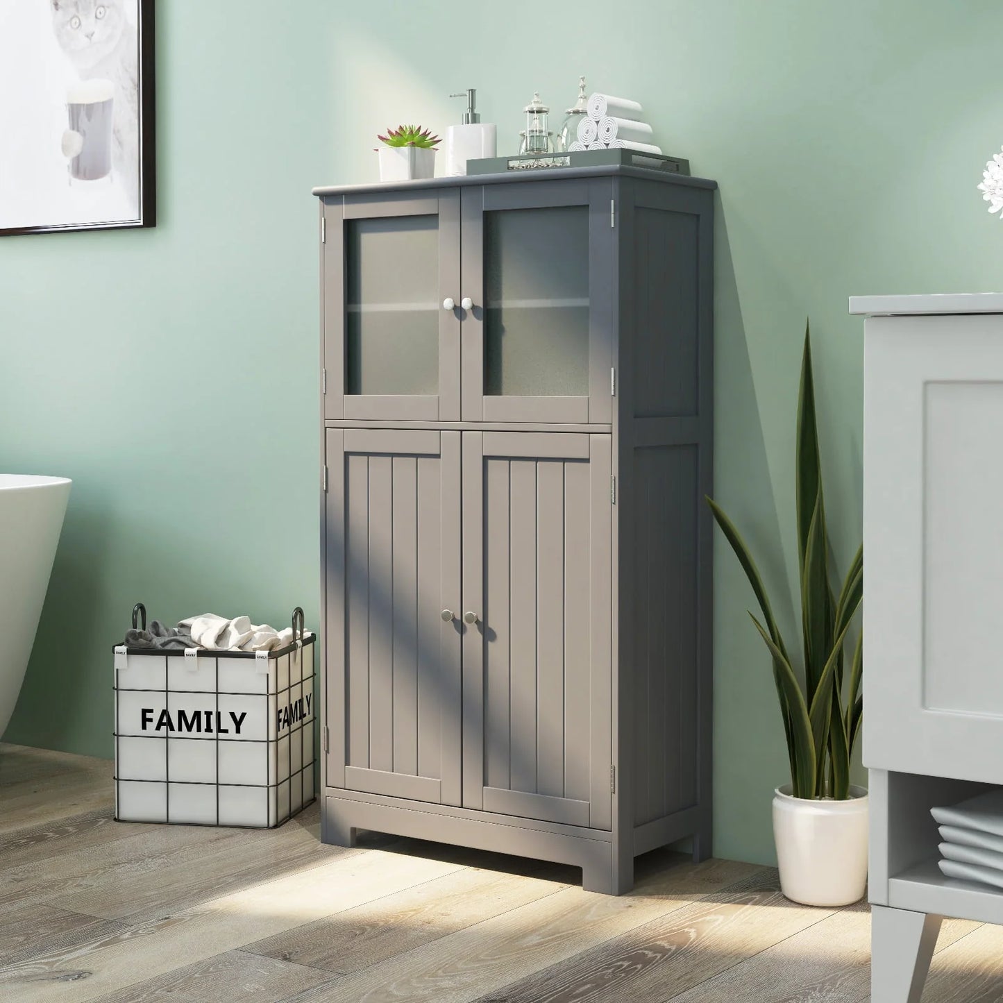 Topbuy Bathroom Storage Cabinet Freestanding Storage Cabinet w/ 4 Doors Wooden Kitchen Cupboard w/ Adjustable Shelf