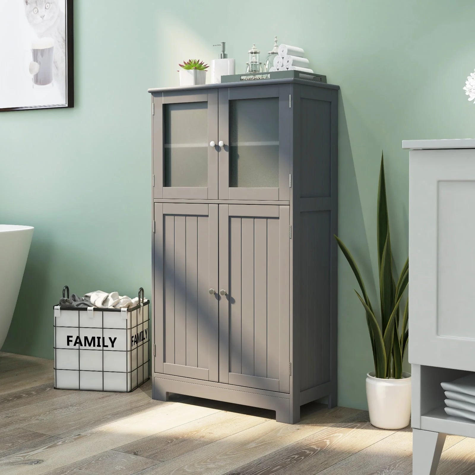 Topbuy Bathroom Storage Cabinet Freestanding Storage Cabinet w/ 4 Doors Wooden Kitchen Cupboard w/ Adjustable Shelf
