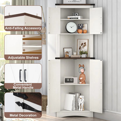 ChVans Farmhouse 68" Tall Corner Cabinet w/4 Barn Doors, 5 Tier Bookcase Storage Cabinet with Adjustable Shelves, Corner Storage Cabinet for Bathroom,Living Room,Kitchen, White-Brown