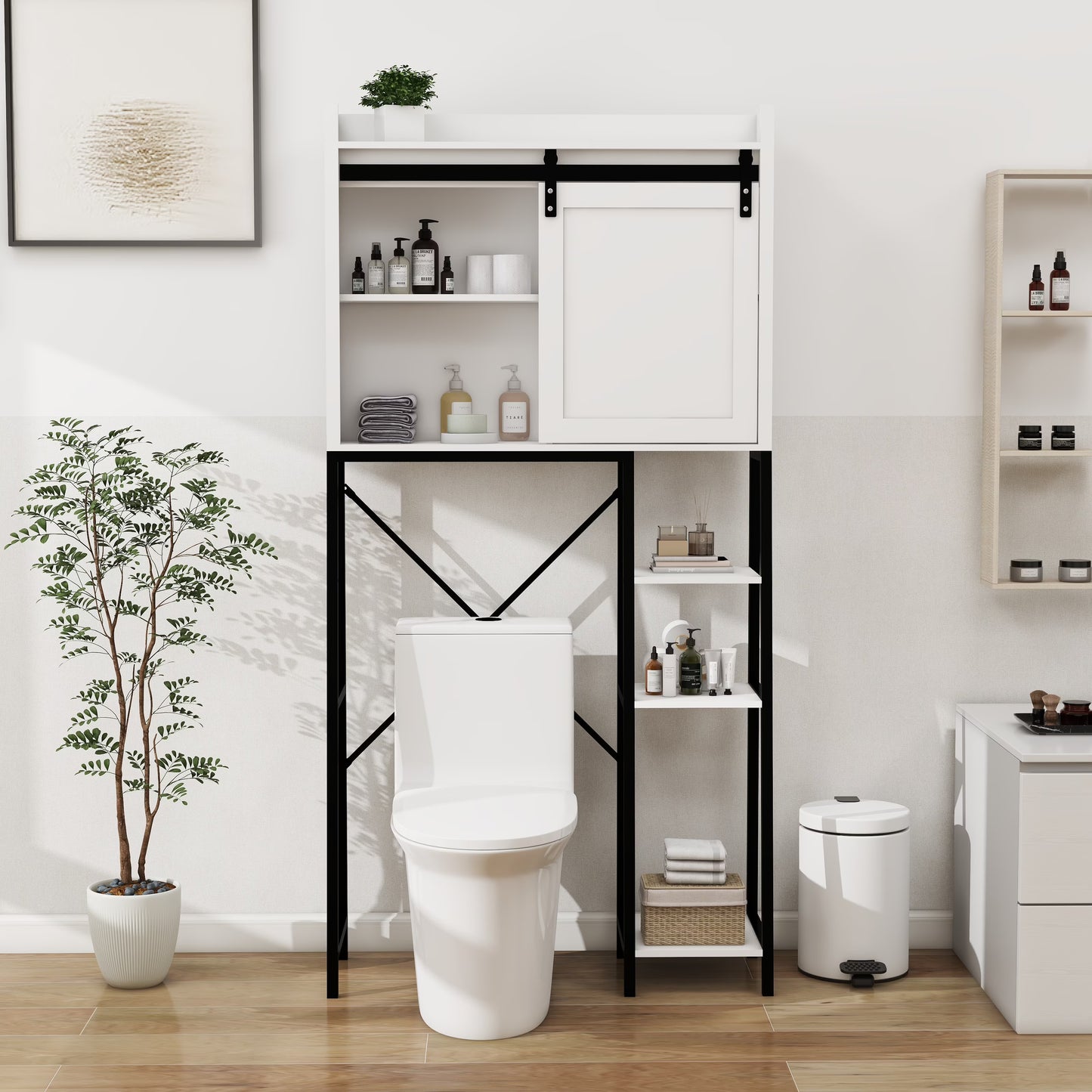 Royard Oaktree Farmhouse Over The Toilet Storage Cabinet, Bathroom Shelves Storage Organizer&nbsp;with Sliding Barn Door, Adjustable Shelves, and Storage Racks, White