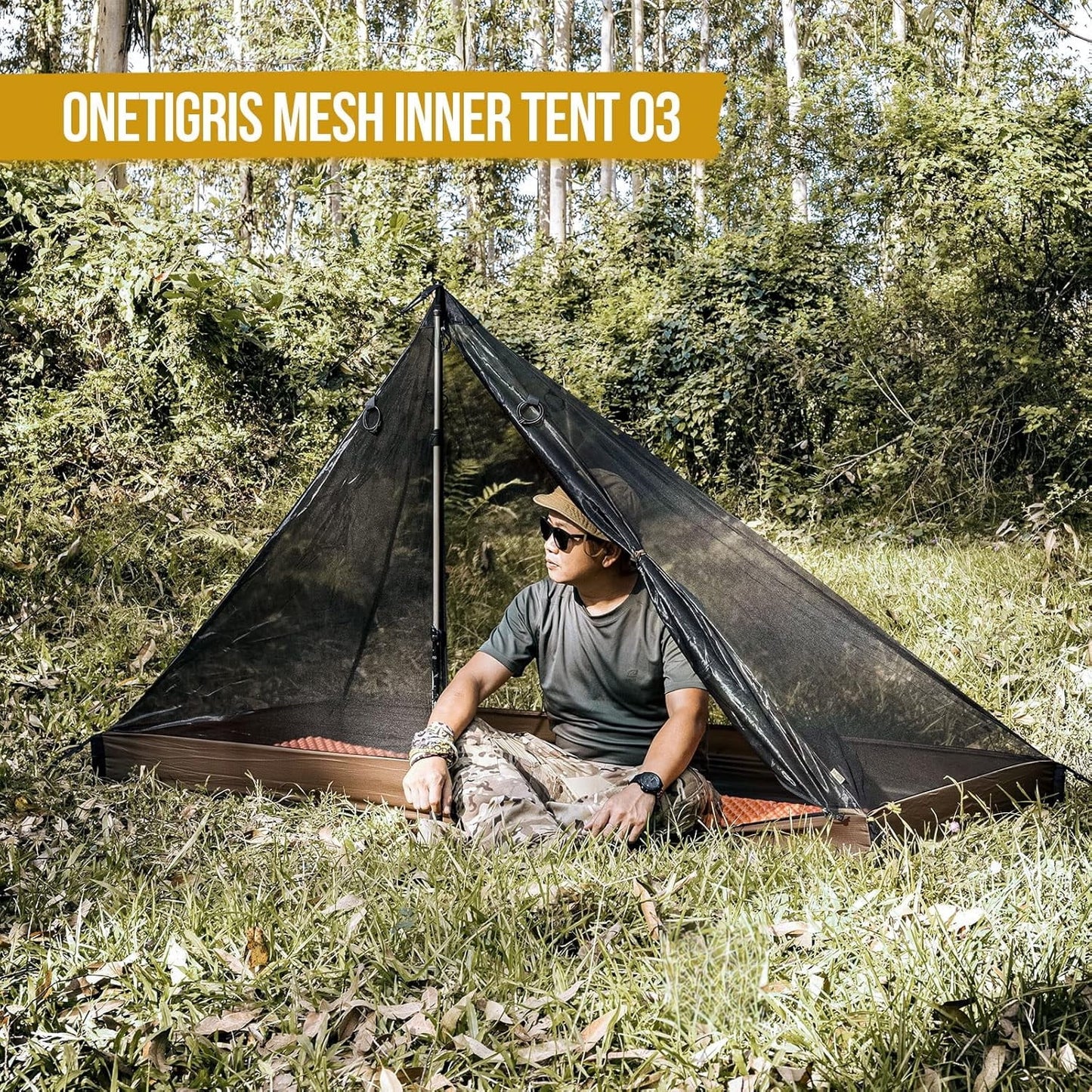 1-Person Ultralight Mesh Teepee Tent with Waterproof Bathtub Floor, Screen Room for Outdoor Camping, Hiking, Backpacking, Bushcraft, and Hot Tent Shelter