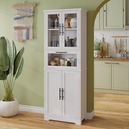 UBesGoo 64"H Pantry Cabinet, Tall Bathroom Closet Storage Organizer, with 2 Glass Doors Cabinets & Large Drawer, for Kitchen Living Room Bedroom Laundry Room Entryway Office, White