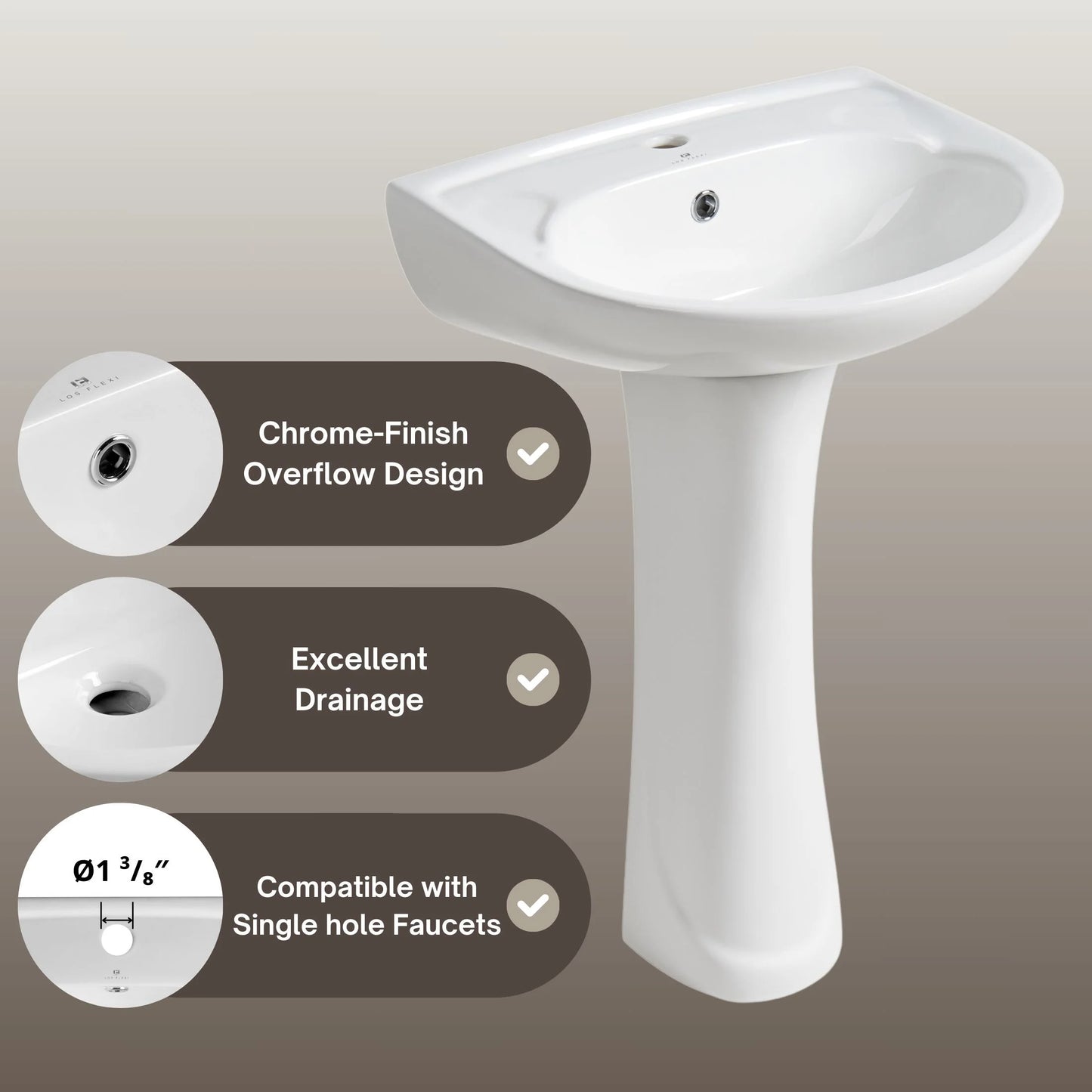 Los Flexi 20" x 17" Glossy White Pedestal Sink for Small Bathrooms with Overflow and Single Faucet Hole