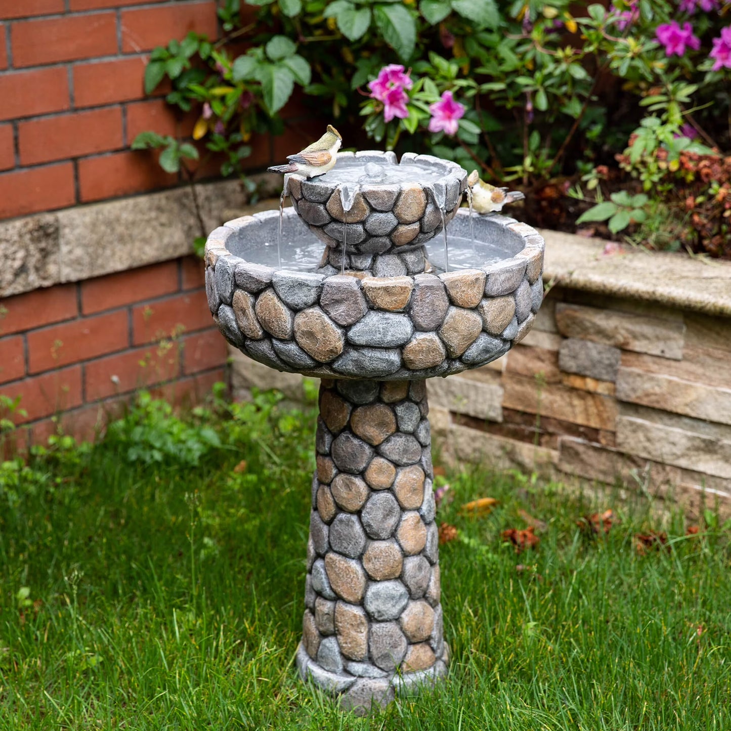 Glitzhome 24.5" Outdoor 2 Tier Stone-Like Water Fountain Bird Bath for Garden Patio Decor
