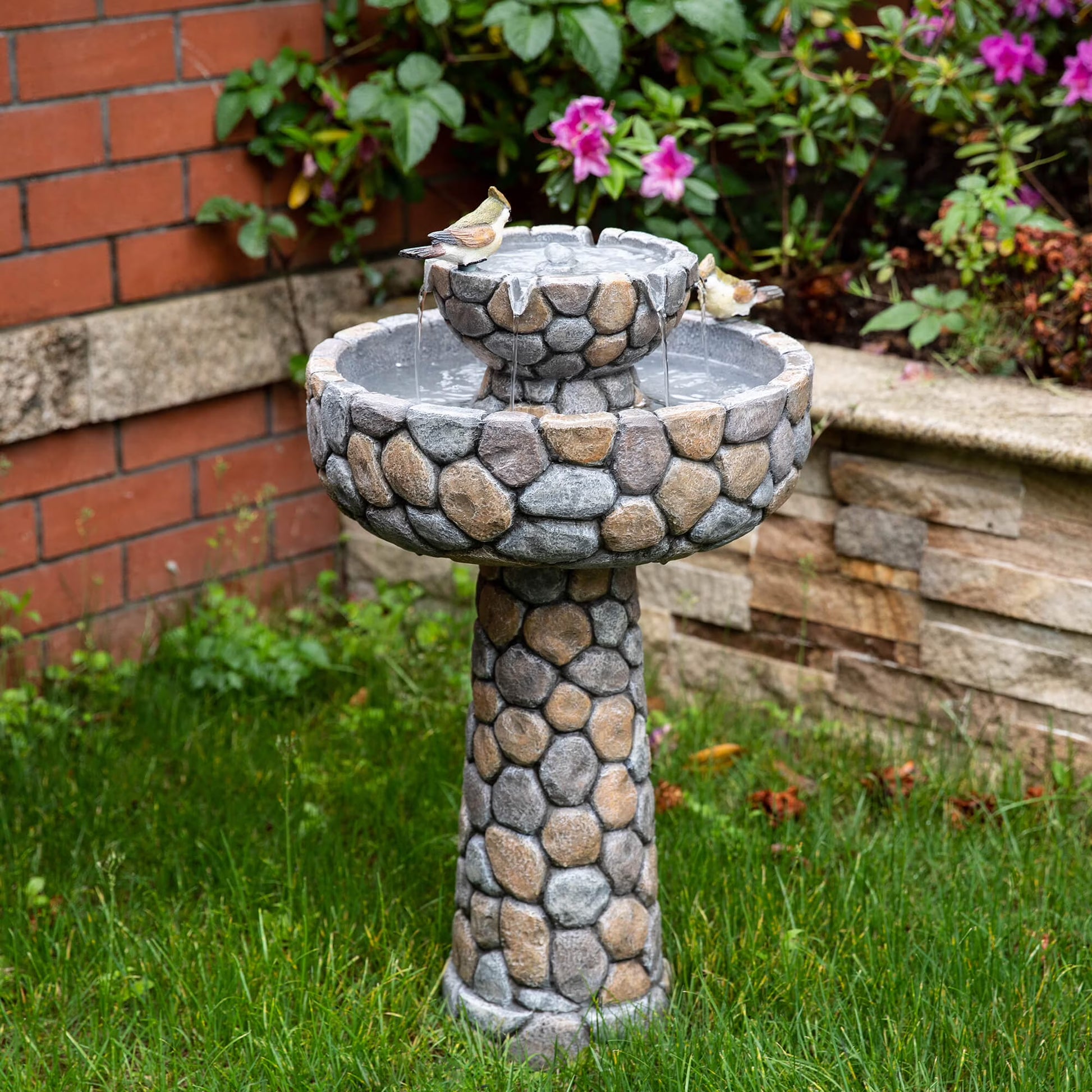 Glitzhome 24.5" Outdoor 2 Tier Stone-Like Water Fountain Bird Bath for Garden Patio Decor