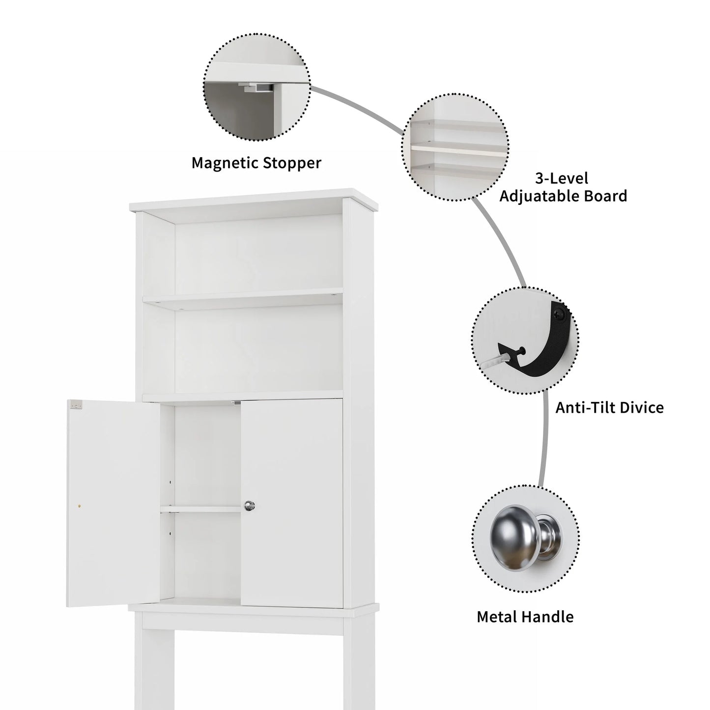 Walsunny Over the Toilet Storage Cabinets Wood Bathroom Organizer Shelf Rack Space Saver with 2 Doors 4 Shelves Anti-Tip Device White