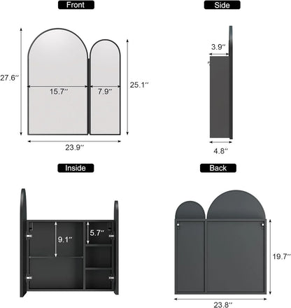 Black Arched Medicine Cabinet with Mirror,Black Medicine Cabinet with 2 Doors,Bathroom Medicine Cabinets Mirror Wall Mounted,24x28Inch