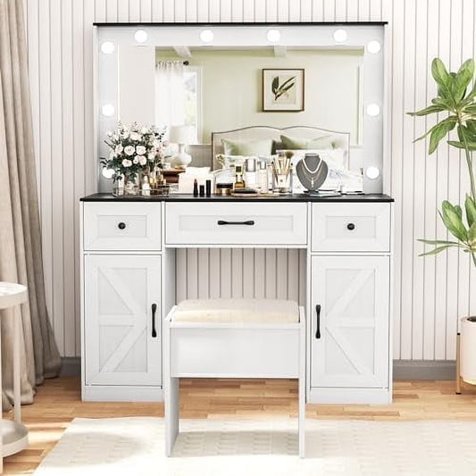 Vanity Table Set with Lighted Mirror,Makeup Dressing Table with 10 Light Bulbs and Touch Switch, 2 Large Drawers and Cushioned Stool for Women Girls Fit Bedroom, Bathroom (White)