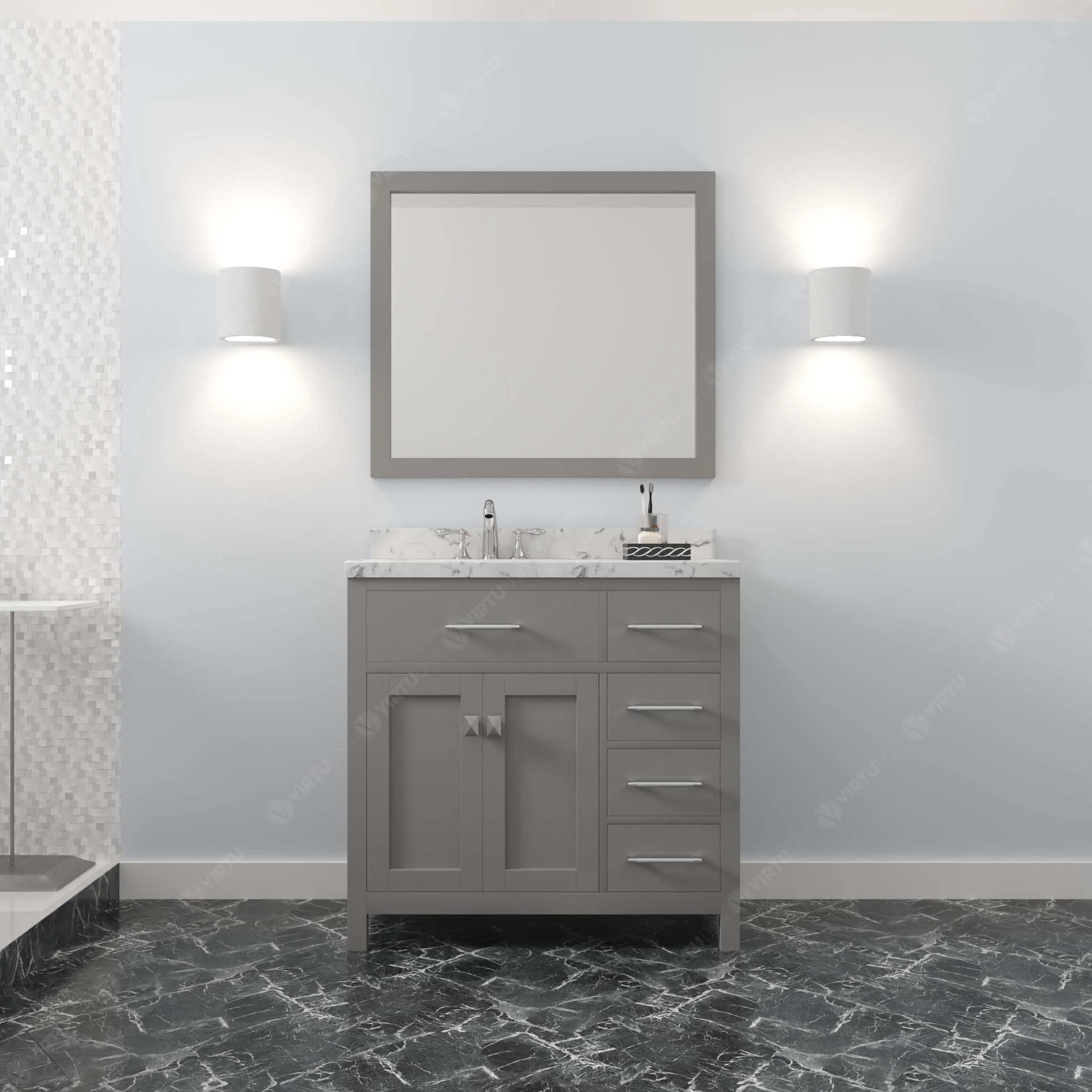 Caroline Parkway 36" Single Bath Vanity in Gray with Cultured Marble Quartz Top and Round Sink