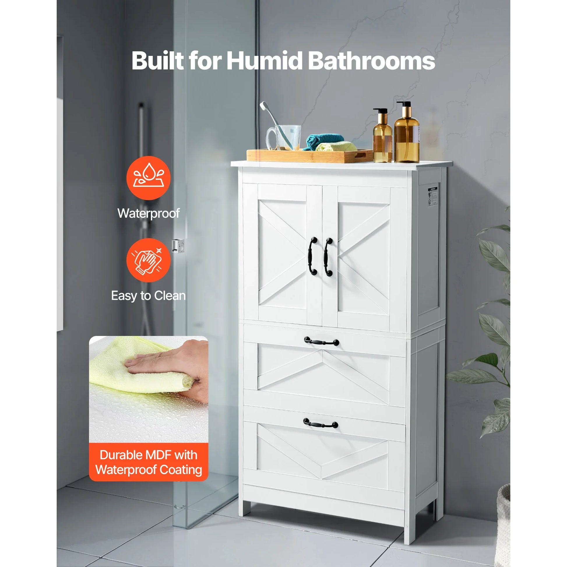 KFFKFF 4-Tier Bathroom Floor Cabinet, Wooden Storage Organizer with 2 Doors, 2 Drawers, and Adjustable Shelf, Freestanding Cupboard for Kitchen, Living Room, or Entryway, White