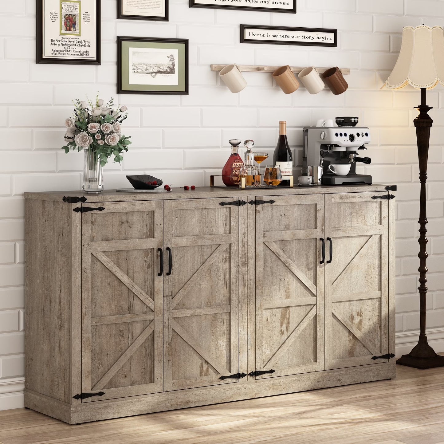 71" Tall Farmhouse Kitchen Pantry Cabinet, 5 Layers Storage Cabinet with Adjustable Shelves, Farmhouse Pantry Cabinet with 4 Barn Doors for Kitchen, Dining Room, Bathroom, Living Room, Rustic White