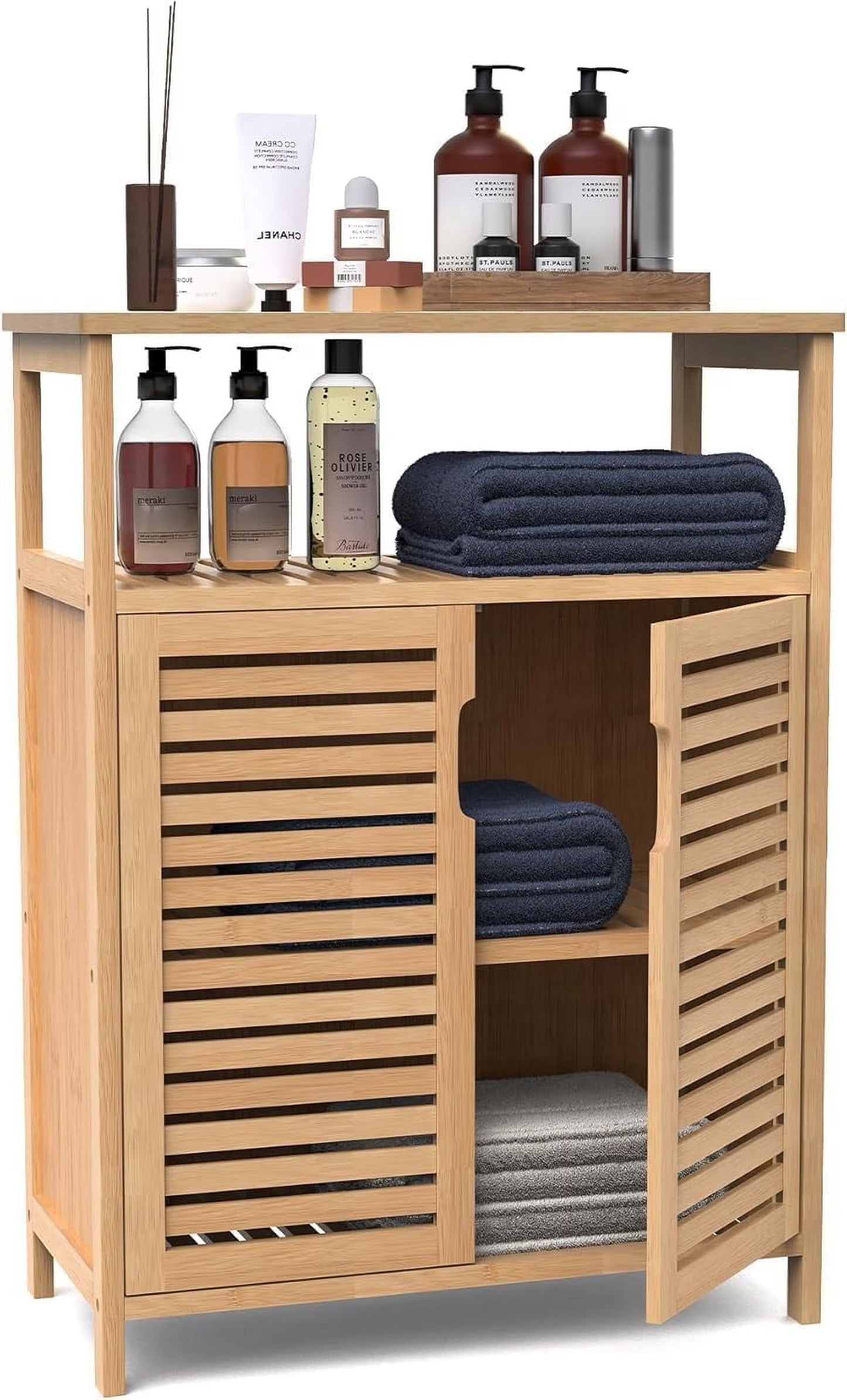 Bamboo Bathroom Storage Cabinet with 2 Doors, Bathroom Floor Freestanding Cabinets Organizer for Living Room, Kitchen, Entryway