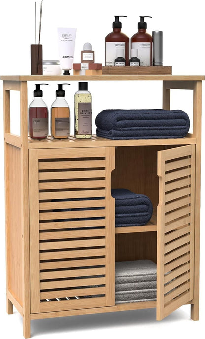 Bamboo Bathroom Storage Cabinet with 2 Doors, Bathroom Floor Freestanding Cabinets Organizer for Living Room, Kitchen, Entryway