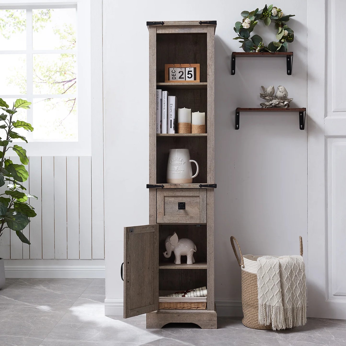 OKD Farmhouse Bathroom Organizers and Storage, Narrow Tall Cabinet Storage Tower with Door and Drawer, Light Rustic Oak