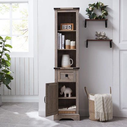 OKD Farmhouse Bathroom Organizers and Storage, Narrow Tall Cabinet Storage Tower with Door and Drawer, Light Rustic Oak
