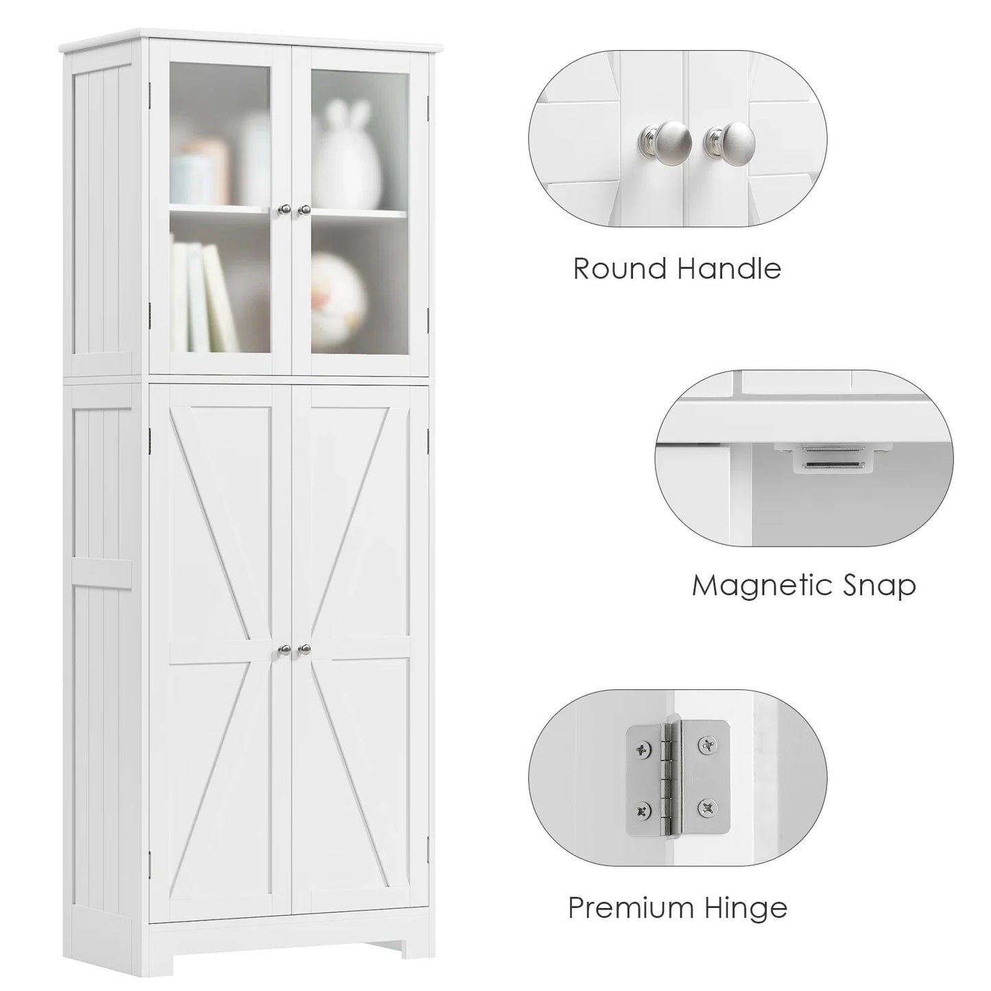 Homfa 67" Tall White Bathroom Storage Cabinet with Glass Doors, Farmhouse Freestanding Cupboard Storage Cabinet for Small Space