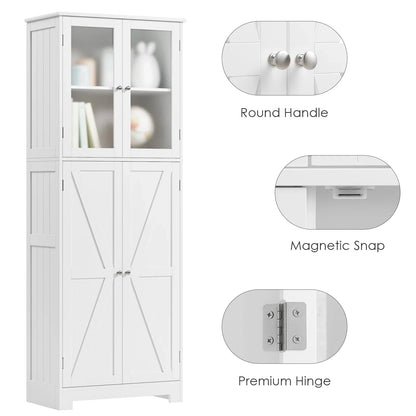 Homfa 67" Tall White Bathroom Storage Cabinet with Glass Doors, Farmhouse Freestanding Cupboard Storage Cabinet for Small Space