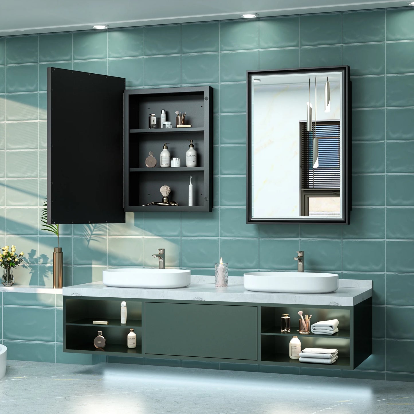Keonjinn Bathroom Metal Framed Medicine Cabinets with Mirror, 16 x 24 inch Black Wall Cabinets, Rectangle Recessed/Wall Mounted Storage Cabinets