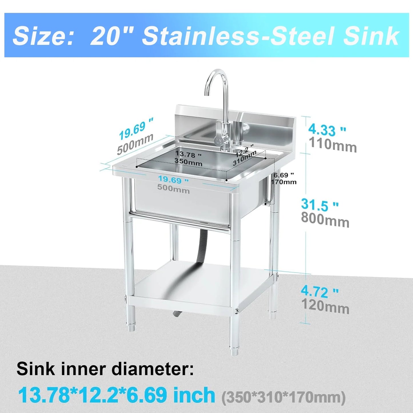 20" Stainless Steel Freestanding Utility Sink with Hot/Cold Water Faucet - Perfect for Kitchen, Bathroom, Farmhouse & Outdoor Use