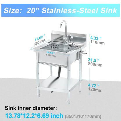 20" Stainless Steel Freestanding Utility Sink with Hot/Cold Water Faucet - Perfect for Kitchen, Bathroom, Farmhouse & Outdoor Use