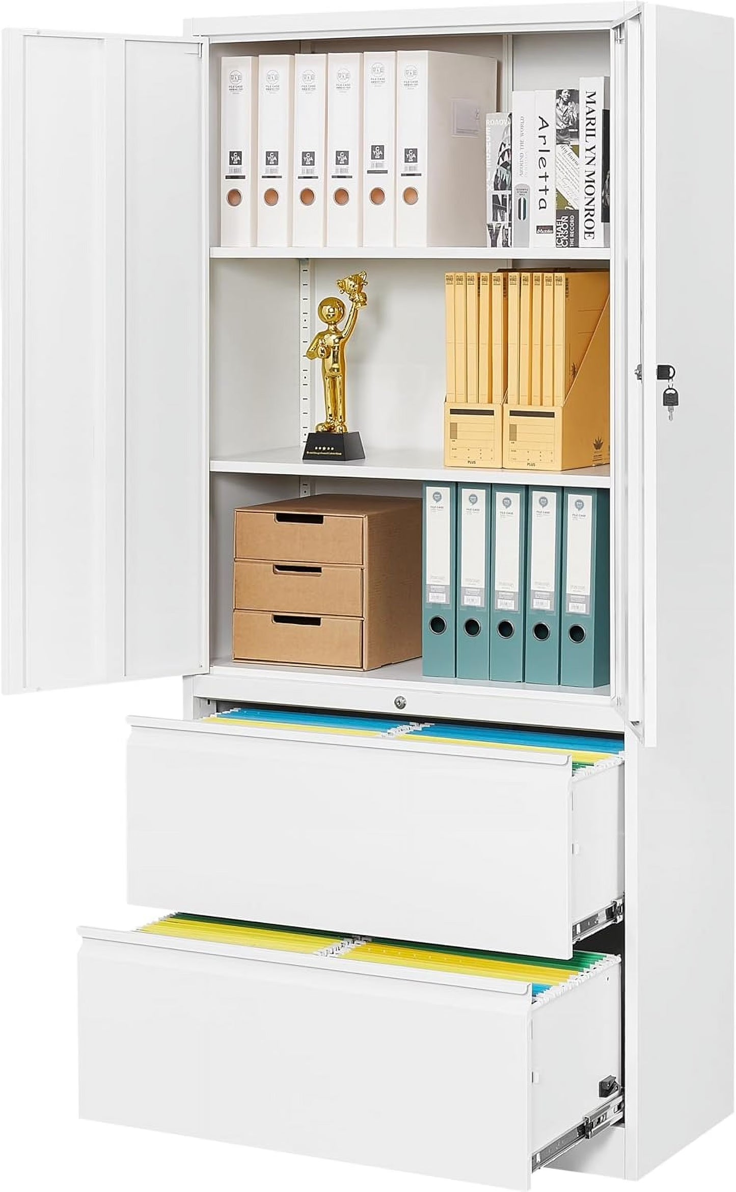 SISESOL Storage Cabinet Metal Display Cabinet with Glass Doors, 71in H x 31.5in W x 15.7in D, White, Kitchen Pantry Cabinet for Home Office, Bathroom, Bedroom, Living Room